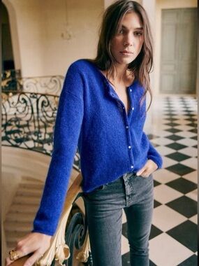 Sezane Gaspard Alpaca Wool Cardigan Sweater Electric Blue Size XS
